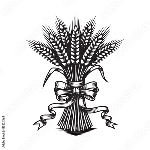 Vintage style illustration of a wheat sheaf tied with a ribbon Art & Illustration