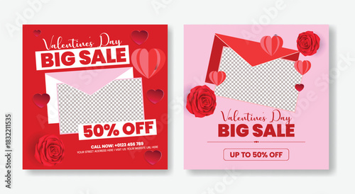 Creative Valentine’s Day Gift Sale Promo Design Pack featuring 3D Heart Vector Illustration, Web Banner Ads, Social Media Post Collection, Square Flyer and Party Poster Template Bundle