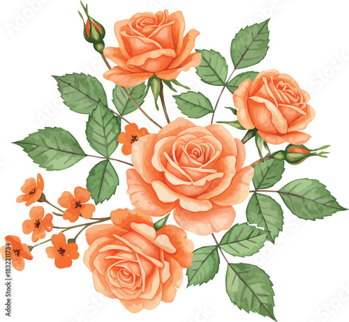 Beautiful watercolor peach roses and green leaves floral arrangement