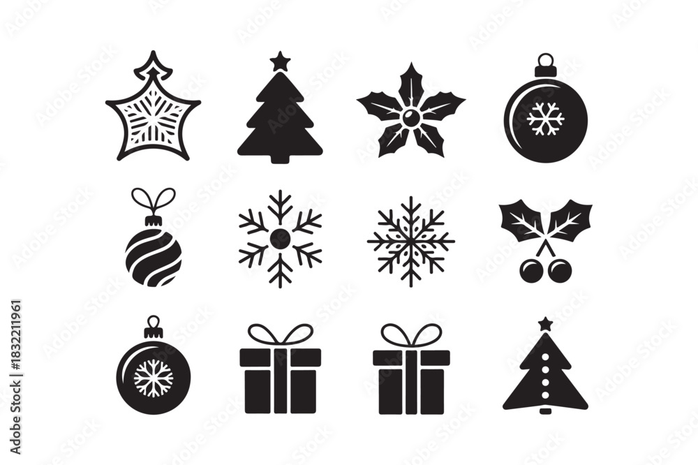Naklejka premium Collection of black and white christmas icons and ornaments