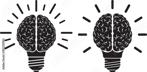 Two brain lightbulb silhouettes representing ideas and innovation silhouette