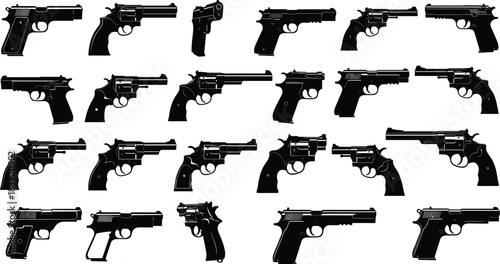 Handgun silhouette collection, revolver and pistol icons, firearm shapes, weapon outline set, gun vector, military, police, security, defense