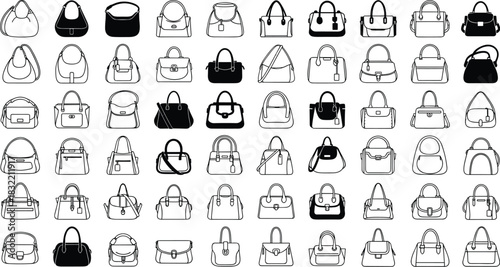 Handbag icon collection, fashion accessory set, purse silhouette grid, stylish bag design, vector illustration, modern outline, black fill contrast