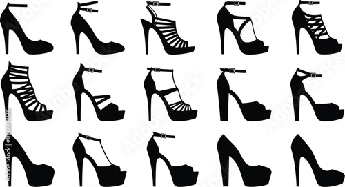 High heel silhouettes, fashion footwear, stylish pumps, elegant sandals, black shoes, trendy heels, shoe design, women’s accessories, catalog, collection