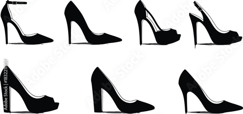 High heel silhouettes, fashion footwear, stylish pumps, elegant shoes, trendy heels, women’s style, shoe collection, black icons, design elements