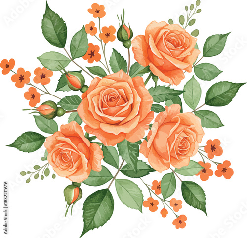 Watercolor painting of a beautiful bouquet of vibrant orange roses and small wildflowers