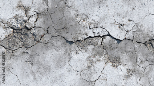 Heavily cracked and textured gray concrete surface, revealing deep fissures and worn patches. An aged, decaying, and weathered background.