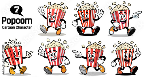 Cute Popcorn Cartoon Character Vector Set with Funny Facial Expressions, Snack Mascot Illustration Collection for Cinema, Movie and Food Design Isolated on White Background.