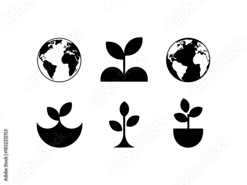 Black and white graphic of earth globes and plants on a white background image