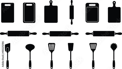 Kitchen utensils silhouette, cutting boards, rolling pins, spatula, ladle, slotted turner, pasta server, cooking tools, black icons, vector set