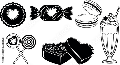 Black and white flat design valentines sweets set with heart cookie, wrapped candy, macarons, lollipops, chocolate box and milkshake glass, simple graphic line art style