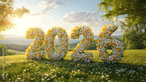 Fototapeta Naklejka Na Ścianę i Meble -  Floral numbers 2023 in a sunny meadow with green trees and rolling hills