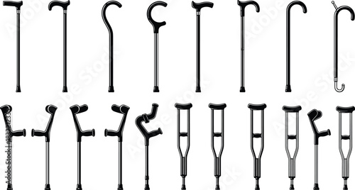 mobility aids, walking support, cane collection, crutch types, disability equipment, rehabilitation gear, orthopedic tools, assistive devices, medical support, physical therapy