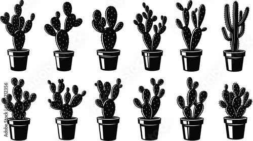 Minimalist cactus illustration, black and white, potted plants, desert flora, botanical art, succulent drawing, graphic silhouette, nature decor, vector