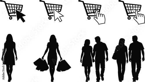 Online shopping, consumer behavior, ecommerce icons, retail silhouettes, digital cart, hand cursor, shopping couple, lifestyle, purchase habits, marketing concept