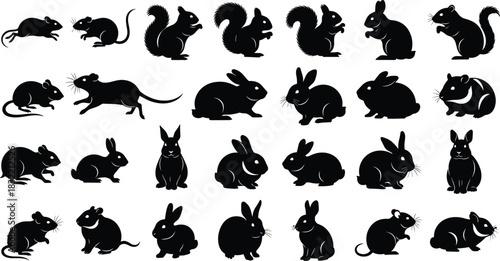 Rodent silhouettes, rabbit icons, squirrel shapes, mouse vector, animal outlines, black mammals, wildlife clipart, pet graphics, lagomorph illustration, minimal design