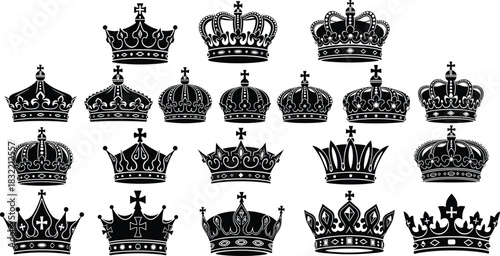 Royal crown icon set, heraldic vector design, regal symbols, monarchy emblems, black blue outline, vintage royalty clipart collection