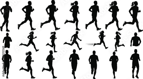 Running silhouettes, athletic motion, fitness icons, jogger figures, dynamic poses, sports activity, black shapes, vector style, workout design, movement study