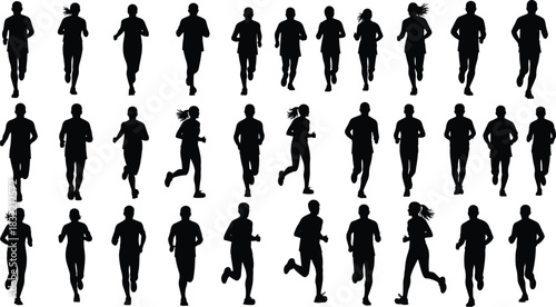 Running silhouettes, jogging poses, athletic motion, fitness icons, human movement, workout figures, sports activity, black shapes, dynamic runners, exercise clipart