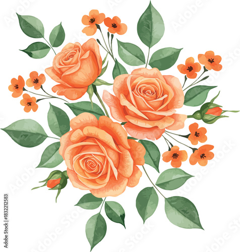 Beautiful watercolor bouquet of orange roses and small flowers with green leaves