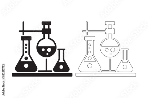 Black and white laboratory glassware setup with flasks on a stand
