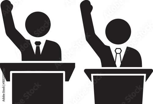 Two politicians raising fists in agreement at lecterns silhouette