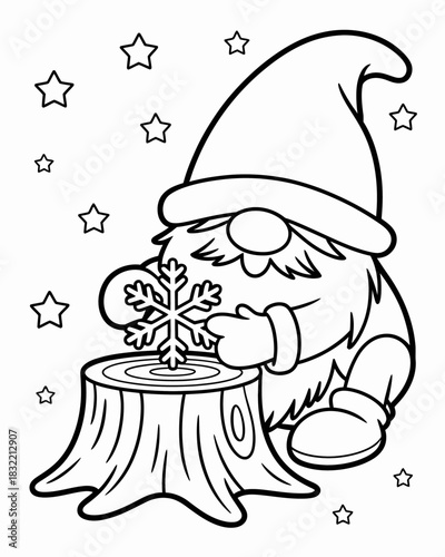 A whimsical gnome inspects a snowflake while leaning on a tree stump.