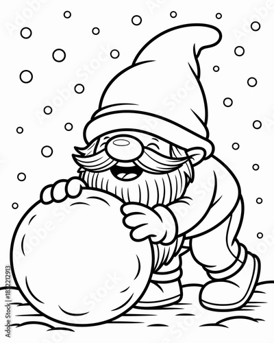 A cheerful gnome is depicted pushing a large snowball amidst falling snowflakes. The gnome wears traditional clothing, including a tall hat and boots.