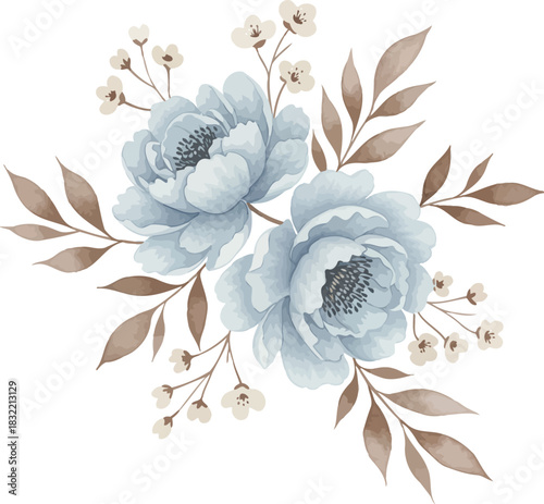 Soft pastel blue floral arrangement with delicate leaves and small white flowers