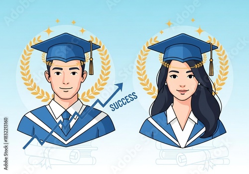 Graduation portrait of a young man and woman in academic regalia with a success graph