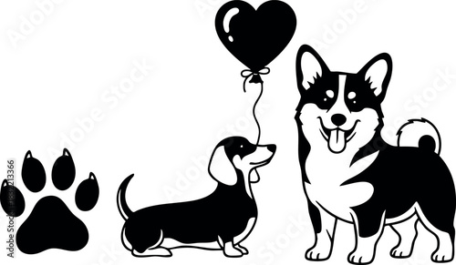 Playful black and white cartoon vector art of corgi and dachshund dogs with heart balloon and paw print, cute pet friendship design for stickers