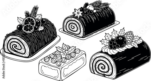 Monochrome line art set of four christmas yule log cakes with holly, berries, citrus slices and nuts, festive dessert rolls viewed from side angle in minimalist vector style
