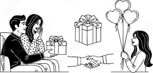 Line art romantic couple exchanging surprise gift and woman holding heart balloons, black and white vector set for valentines day celebration and relationship appreciation scenes