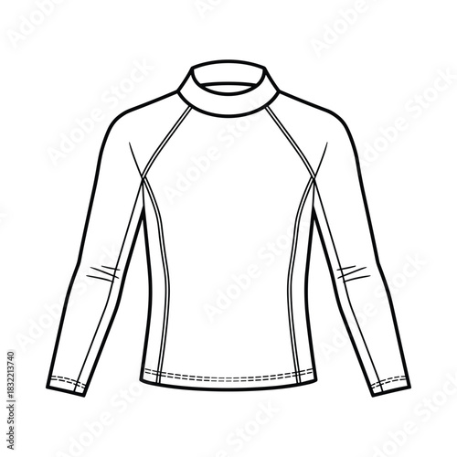 Black and white line drawing illustration of a long sleeve rash guard shirt