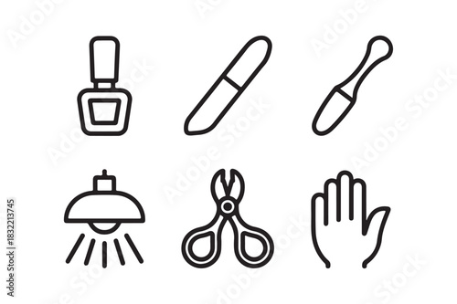 Nail salon tools and supplies icons line art