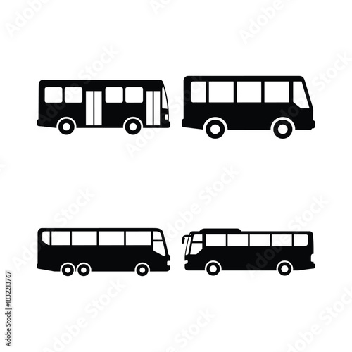 Bus Silhouette Icon Set on White Background