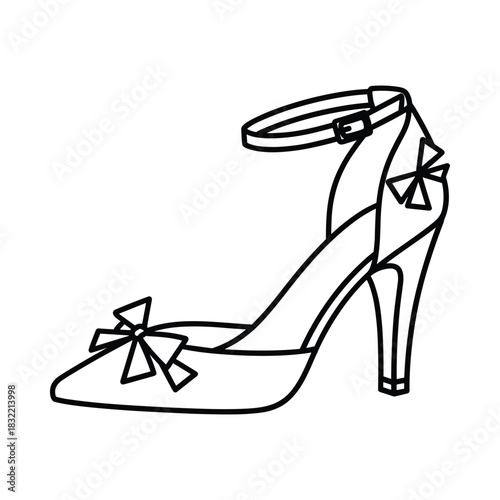 Elegant black and white outline drawing of a high heel shoe with bows
