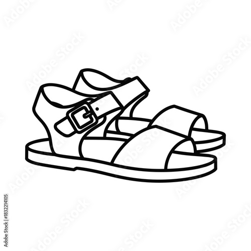 Simple line drawing of a classic open toe sandal with buckle strap