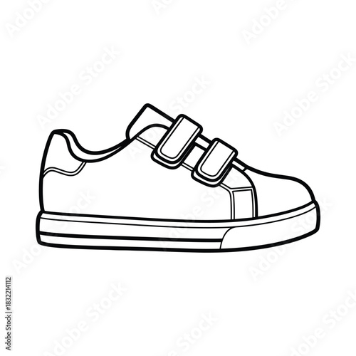 Simple line drawing of a white sneaker with two velcro straps