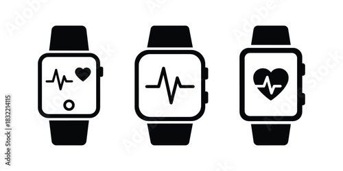 Heart Monitor Smartwatch Silhouette Icon Set on White Background