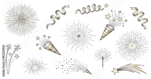 Festive Celebration Elements with Fireworks, Confetti, and Party Decorations Vector Illustration
