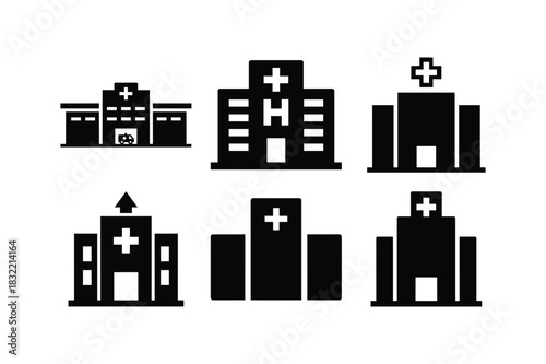 Hospital Silhouette Icon Set on White Background