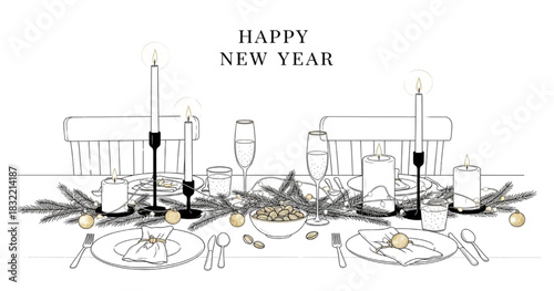 New Year Table Setting with Wine Glasses, Candles, and Festive Dinnerware in Minimalist Style