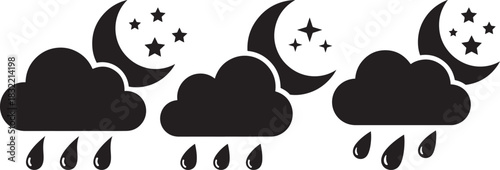 Three crescent moons with stars and rain clouds silhouette