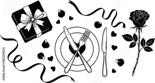 Romantic line art dinner setting with crossed fork and knife on plate, gift box, scattered hearts, rose petals and single rose for valentine’s day celebration