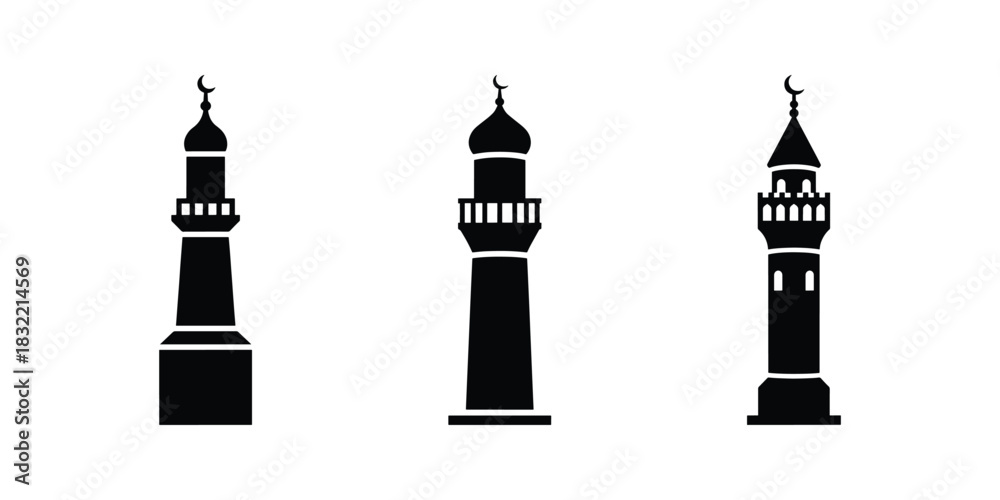 Obraz premium Tall Minaret Tower Silhouette Icon Collection on White Background