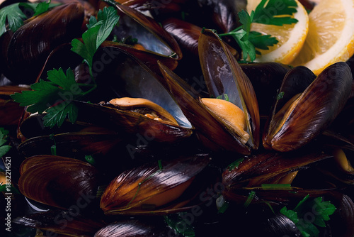 Fresh, Boiled mussels, Black Sea, with parsley and lemon, no people,