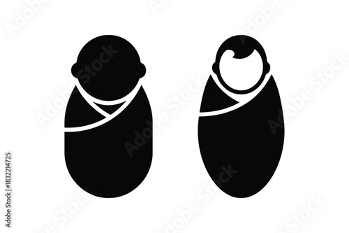 Wrapped Newborn Baby Silhouette Icon Collection on White Background