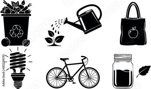 Minimalist black eco icon set with compost bin, watering can, reusable bag, light bulb, bicycle and glass jar arranged in two rows on white background