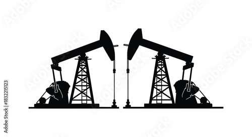 Two oil pumps standing against a white background a striking industrial landscape silhouette